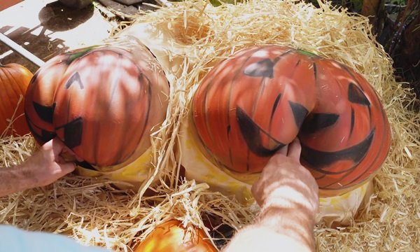 Парень не смог пропустить две охуительные спелые тыквы.